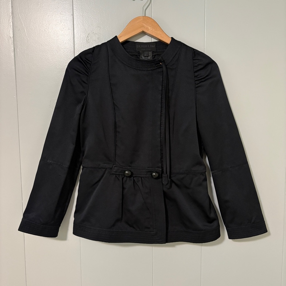 Vintage Derek Lam 100% Silk Peplum Blazer Black Tie Neck Made in Italy US 2